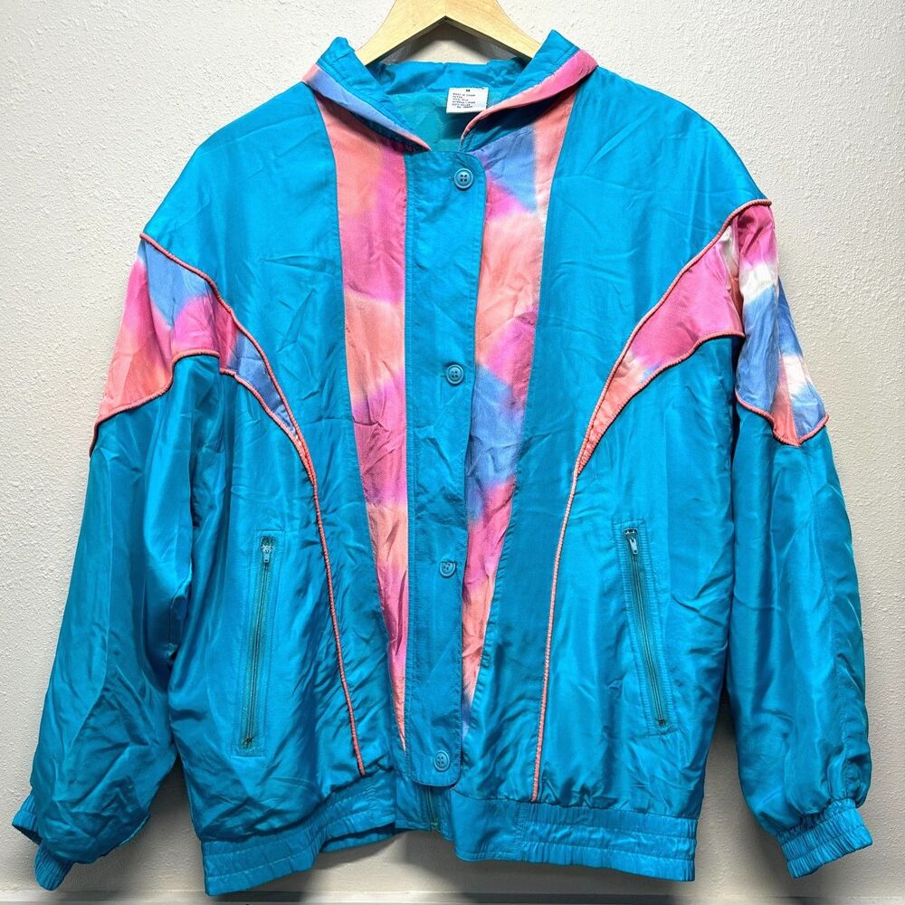 Vtg 80s Beautex 100% Silk Blue Zip & Button Windbreakers Women's Sz M